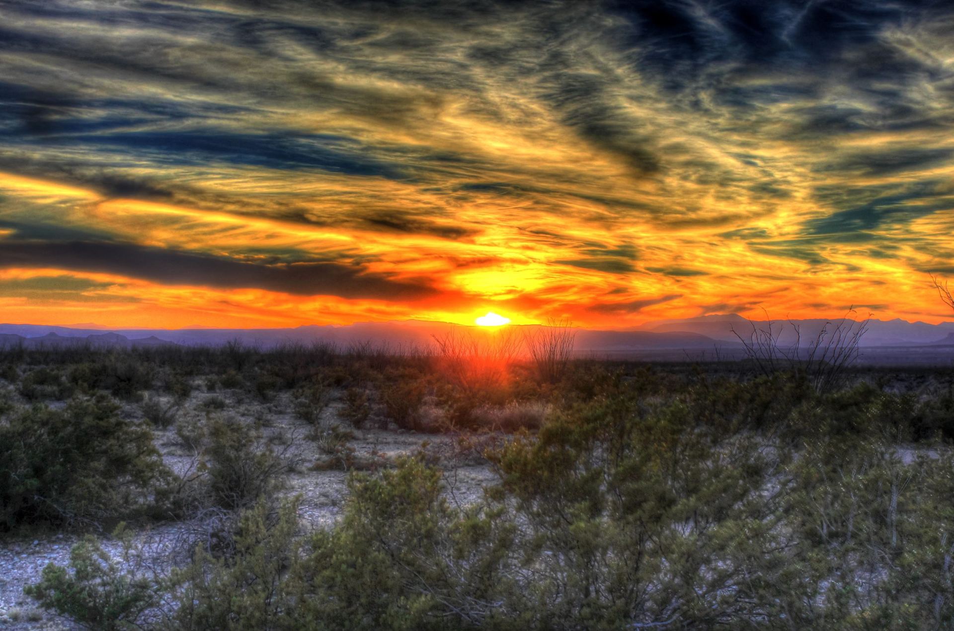Bright sunset over the Big Bend desert in West Texas.